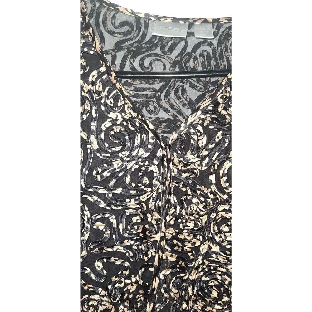 Chico's women's open front short cardigan abstract black beige pattern Size 0 Sh